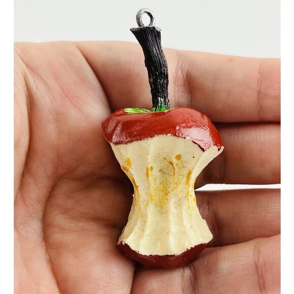 Vintage Apple Core Pendant for Necklace Bite Bitten Used Half Red Green Stem Res - Picture 1 of 11